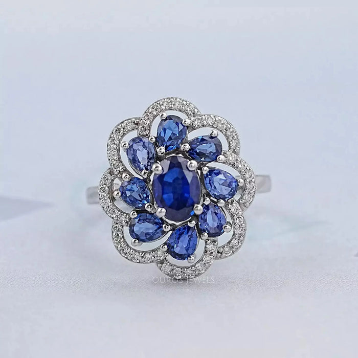 Blue Sapphire and Diamond Floral Halo Ring