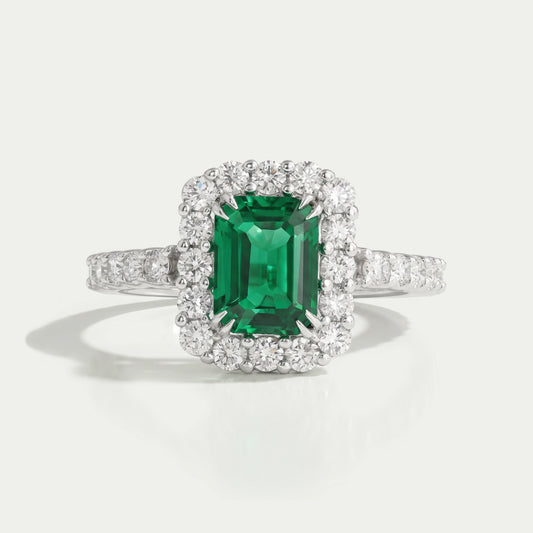 Green Emerald Cut Halo Lab Diamond Engagement Ring