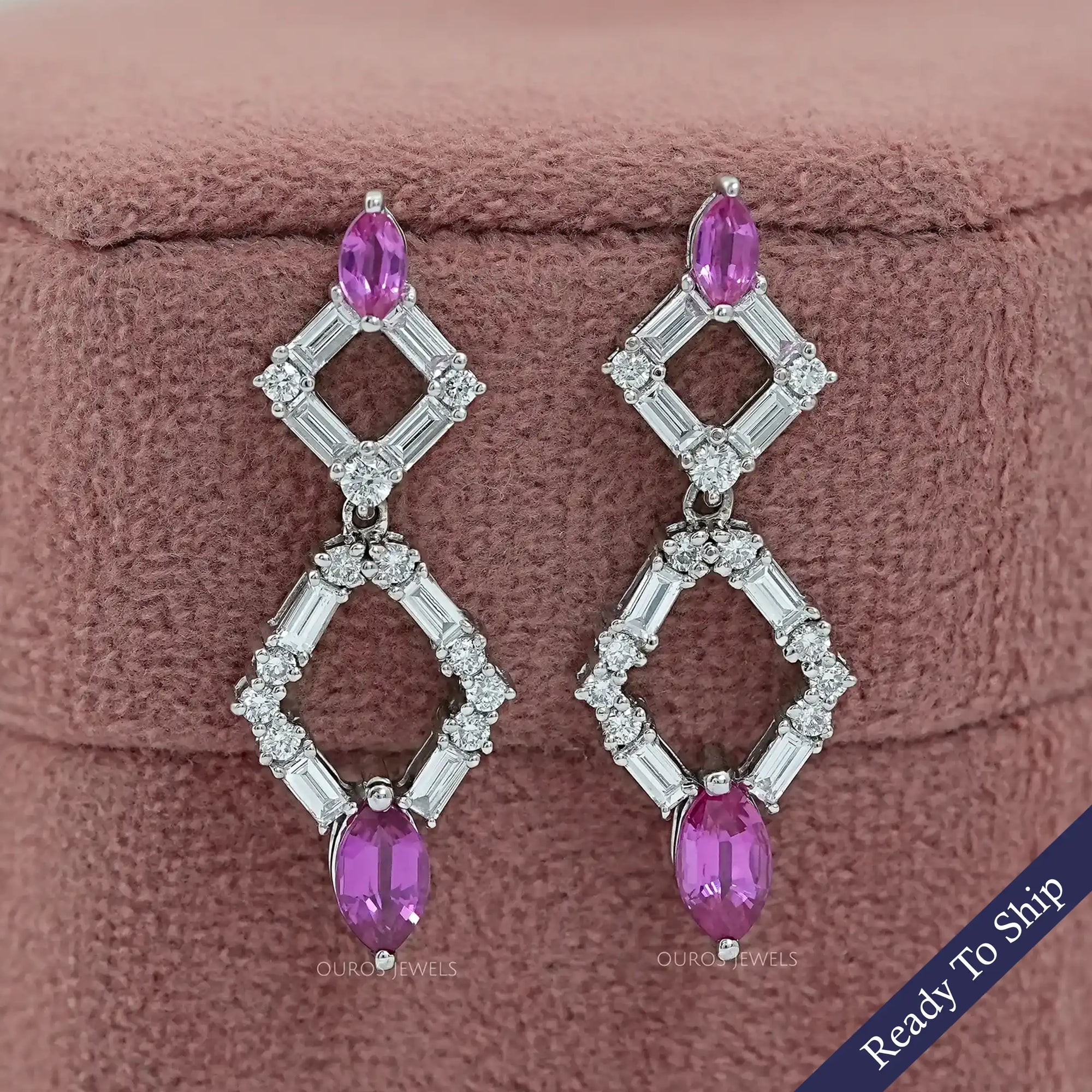Pink Marquise Gemstone And Diamond Drop Earrings Earrings