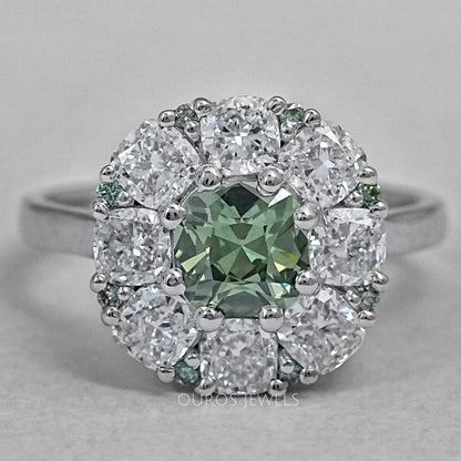 Green Cushion Cut Lab Diamond Halo Engagement Ring Ring