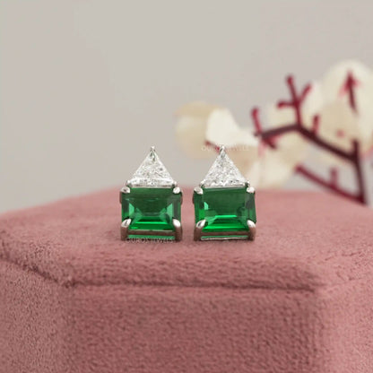Emerald Green Gemstone and Triangle Diamond Stud Earrings Earring