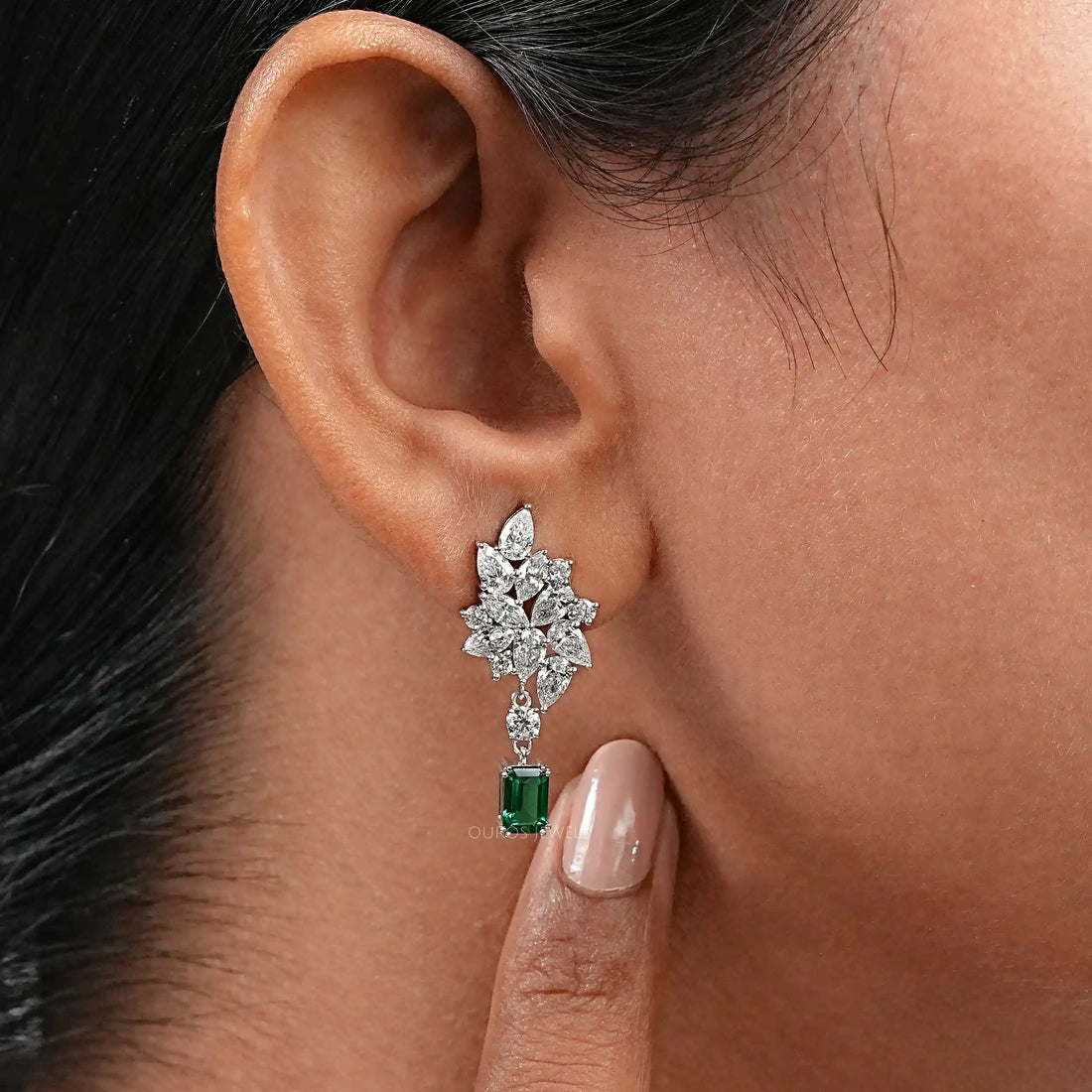 Green Emerald And Lab Diamond Cluster Drop Earrings