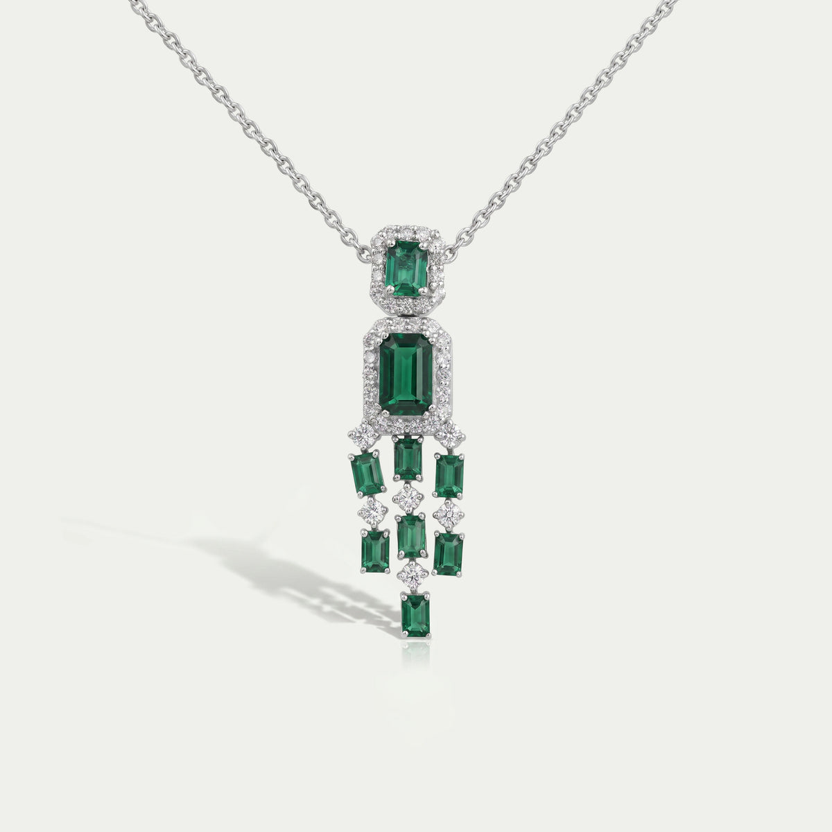 Green Emerald Halo Diamond Chandelier Necklace Set Necklaces