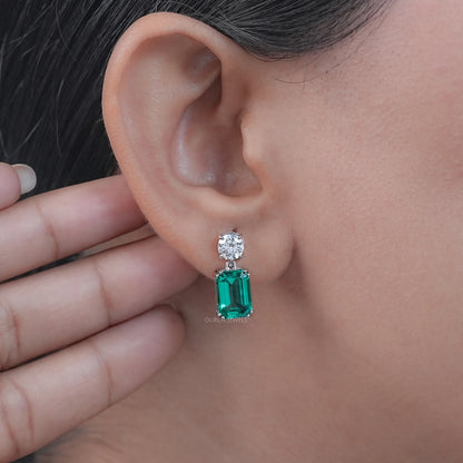 Two Stone Green Emerald And Round Diamond Drop Earrings