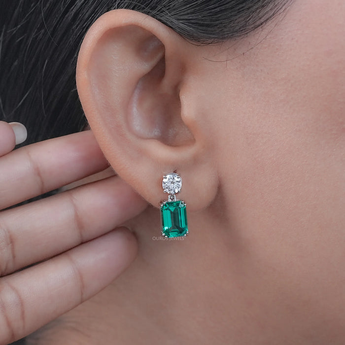 Two Stone Green Emerald And Round Diamond Drop Earrings