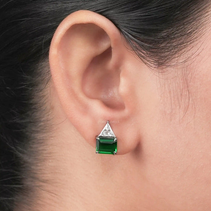 Emerald Green Gemstone and Triangle Diamond Stud Earrings