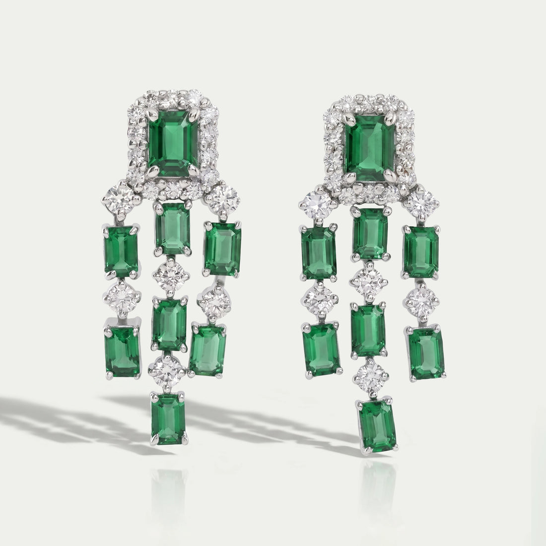 Green Emerald Halo Diamond Chandelier Dangle Earring