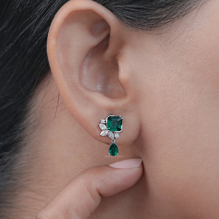 Green Asscher Gemstone And Marquise Diamond Drop Earrings