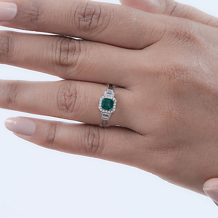Green Asscher Gemstone Halo Diamond Engagement Ring