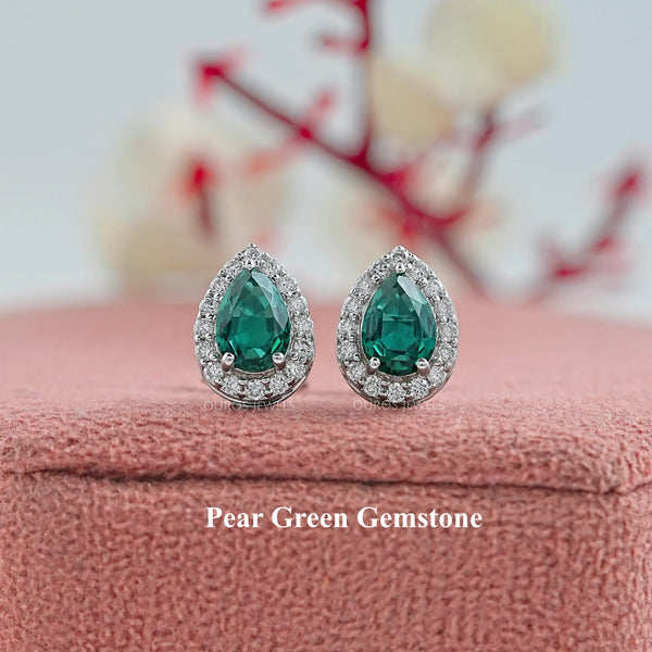 Pear Gemstone And Lab Diamond Halo Stud Earrings