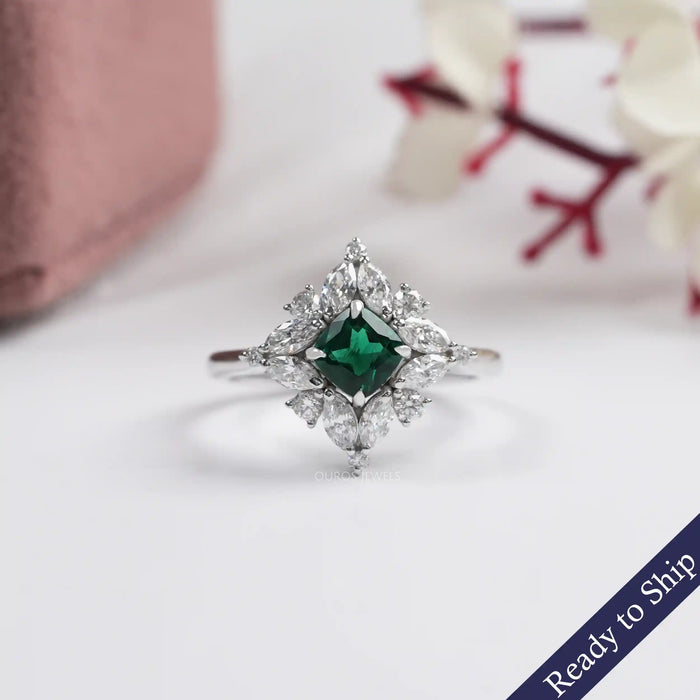 Green Cushion Cut Cluster Diamond Engagement Ring