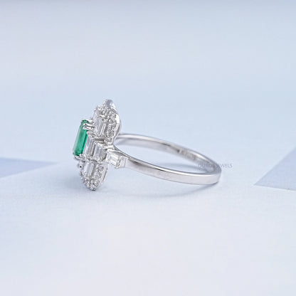 Baguette And Round Halo Diamond Gemstone Ring Ring