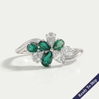 Green Pear Gemstone Cluster Wave Ring