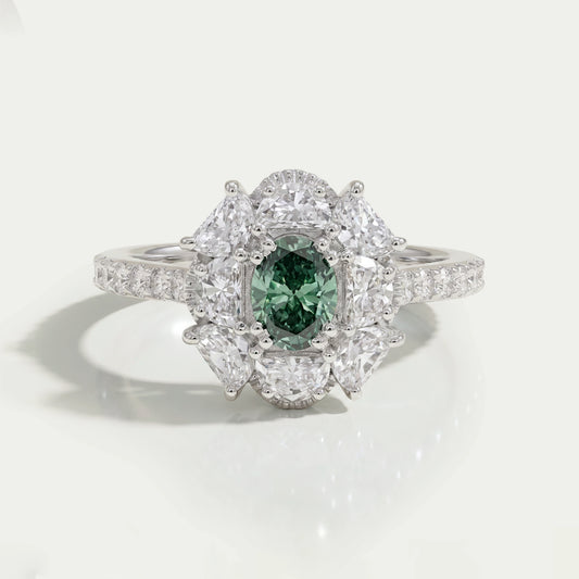 Oval Cut Green Half Moon Halo Engagement Ring Ring