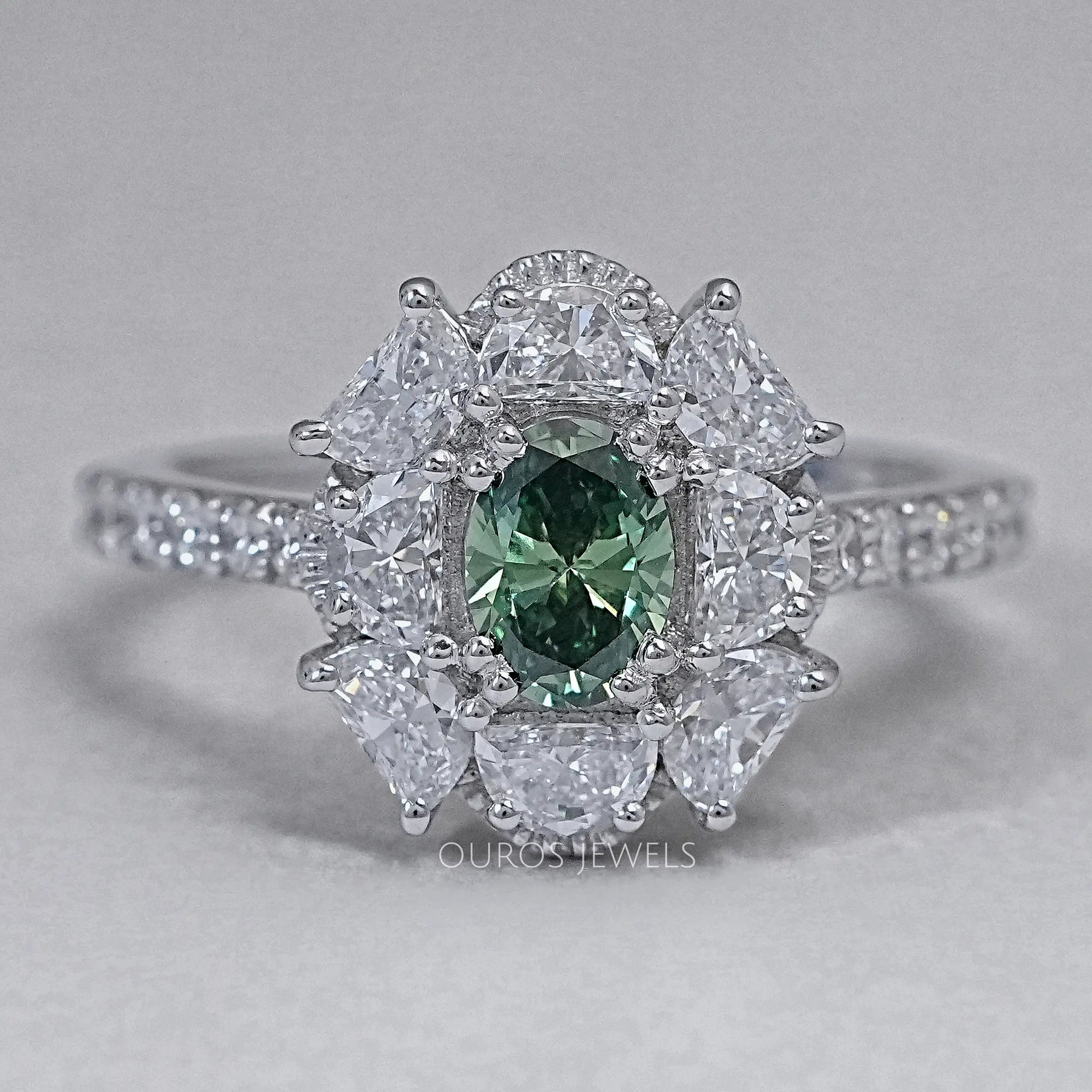 Oval Cut Green Half Moon Halo Engagement Ring Ring