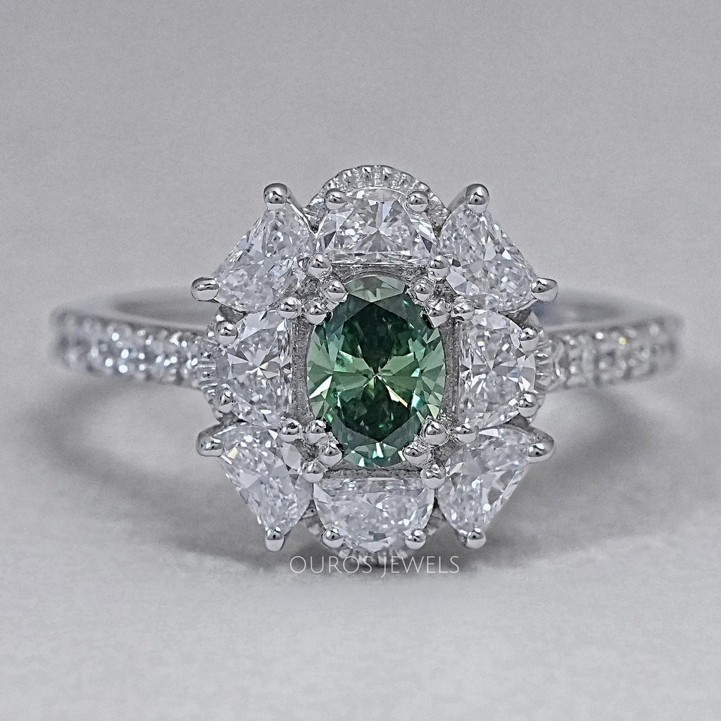 Oval Cut Green Half Moon Halo Engagement Ring Ring