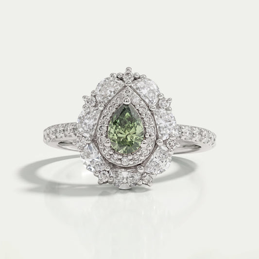 Green Pear Cut Surround Double Halo Diamond Engagement Ring Rings