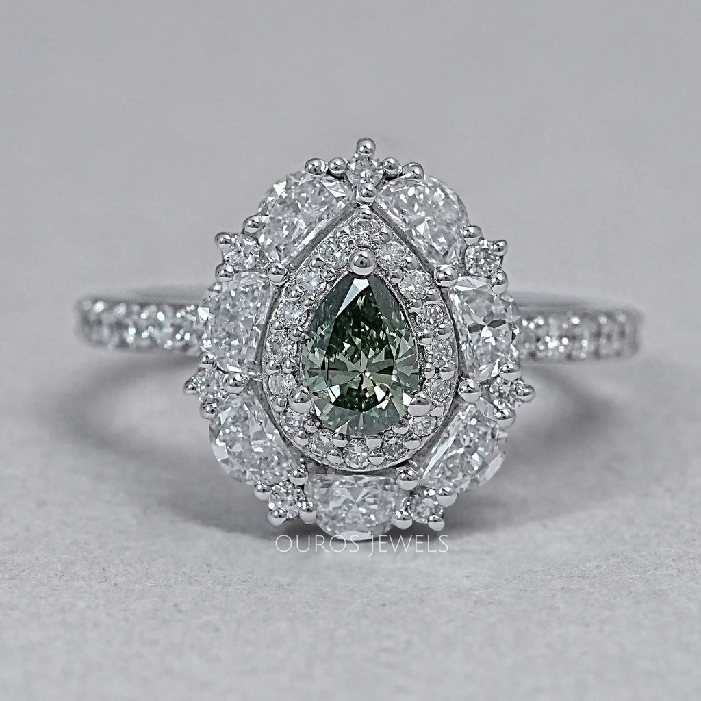 Green Pear Cut Surround Double Halo Diamond Engagement Ring Rings