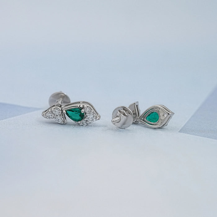 Green Pear And Round Diamond Drop Earrings