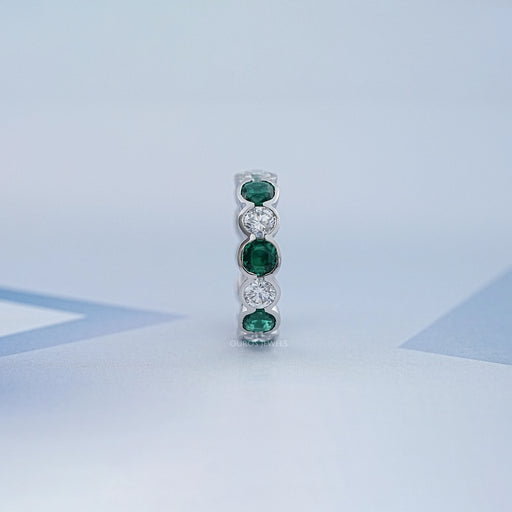 Green Zambian Cushion Half Bezel Wedding Band Ring