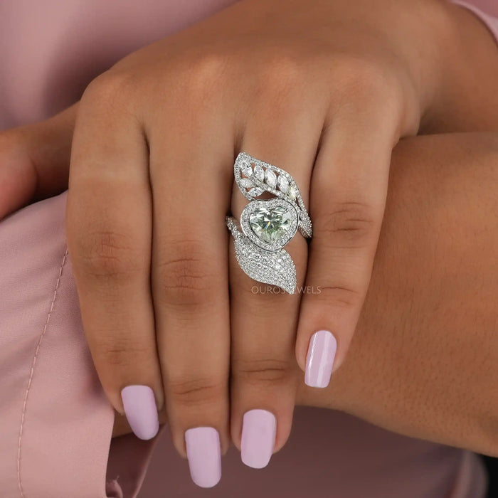 [A Womenw wearing Green Heart Diamond Engagement Ring]-[Ouros Jewels]