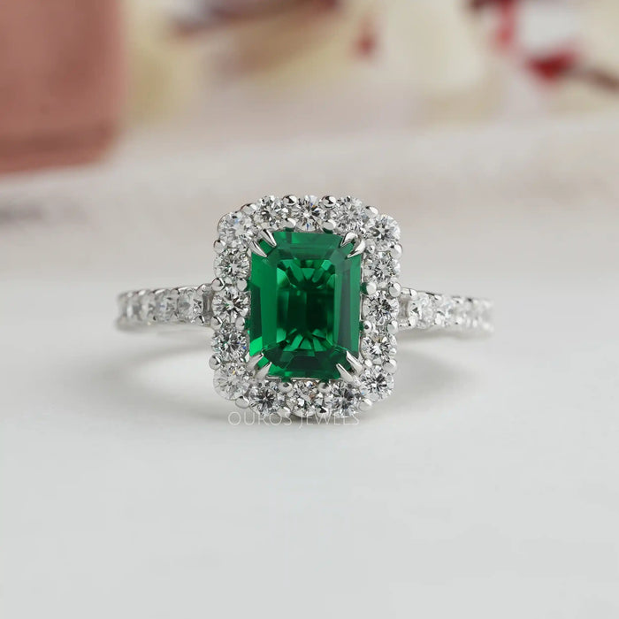 [Charming Green Emerald Diamond Halo Engagement Ring]-[Ouros Jewels]
