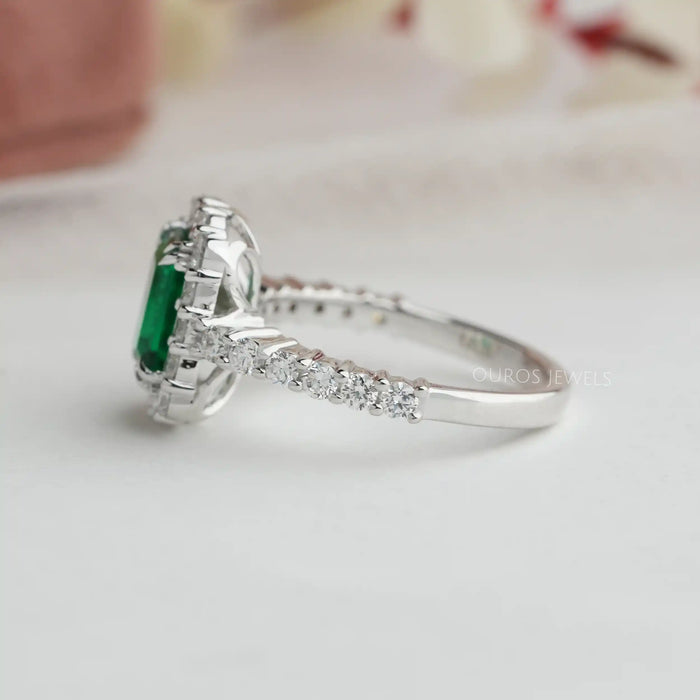 [ Side View of Green Halo Ring with Round Side diamonds]-[Ouros Jewels]