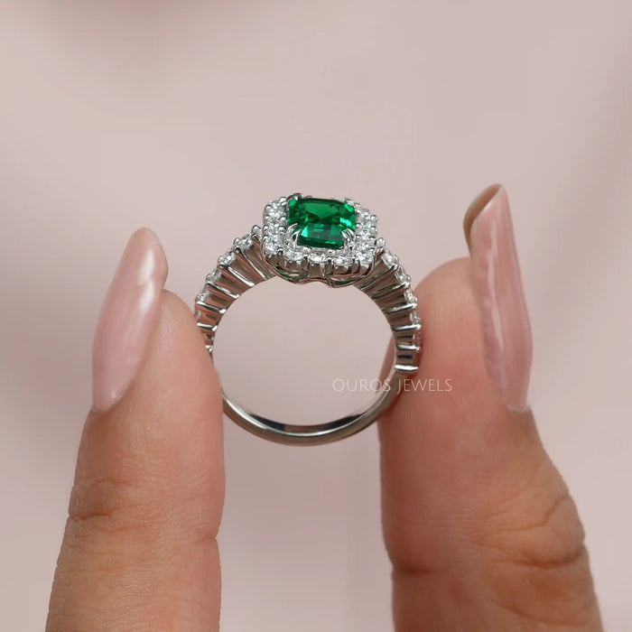 [A Women holding a Green Diamond Halo Engagement Ring]-[Ouros Jewels]