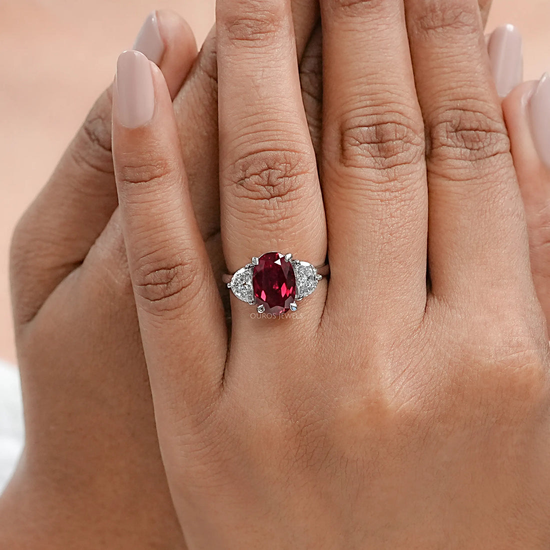 Ruby Oval Gemstone Three Stone Engagement Ring Rings