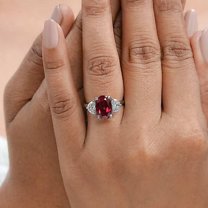 Ruby Oval Gemstone Three Stone Engagement Ring Rings