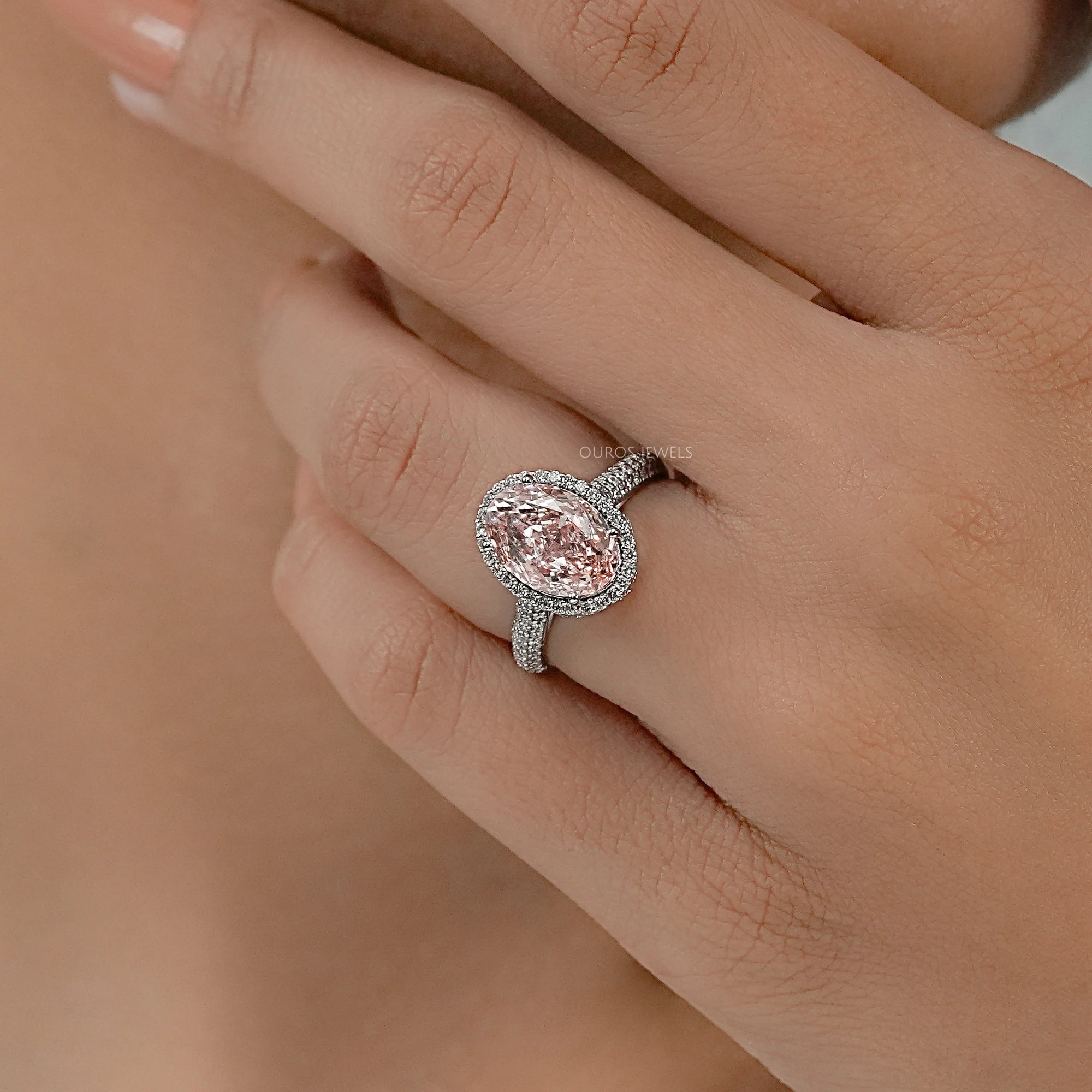 Fancy Pink Oval Diamond Pave Set Accent Ring Ring