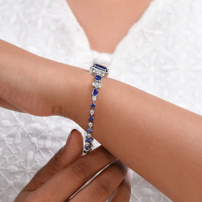Sapphire Emerald Cut Halo Diamond Bracelet