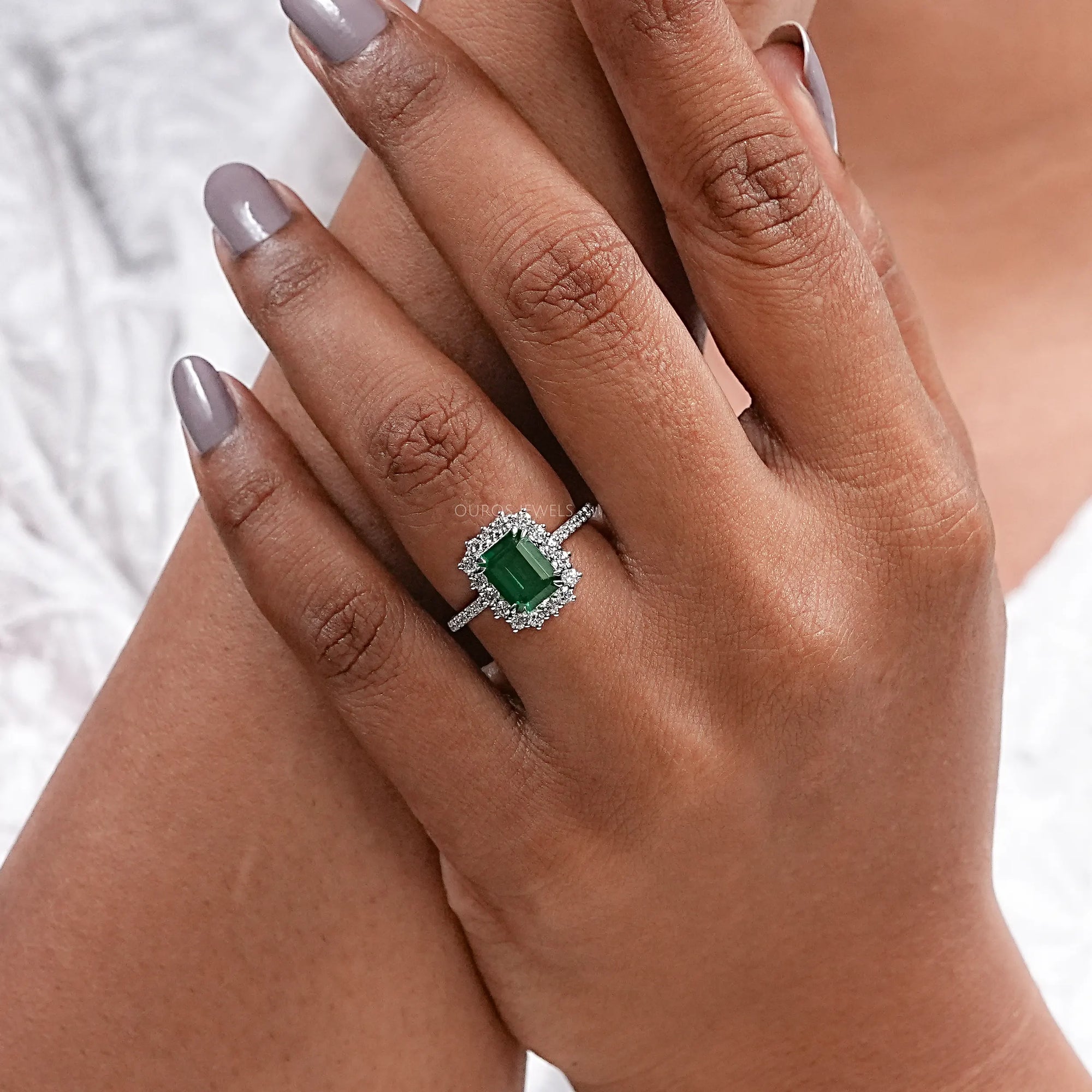 Halo With Accent Diamond Green Emerald Gemstone Ring Rings