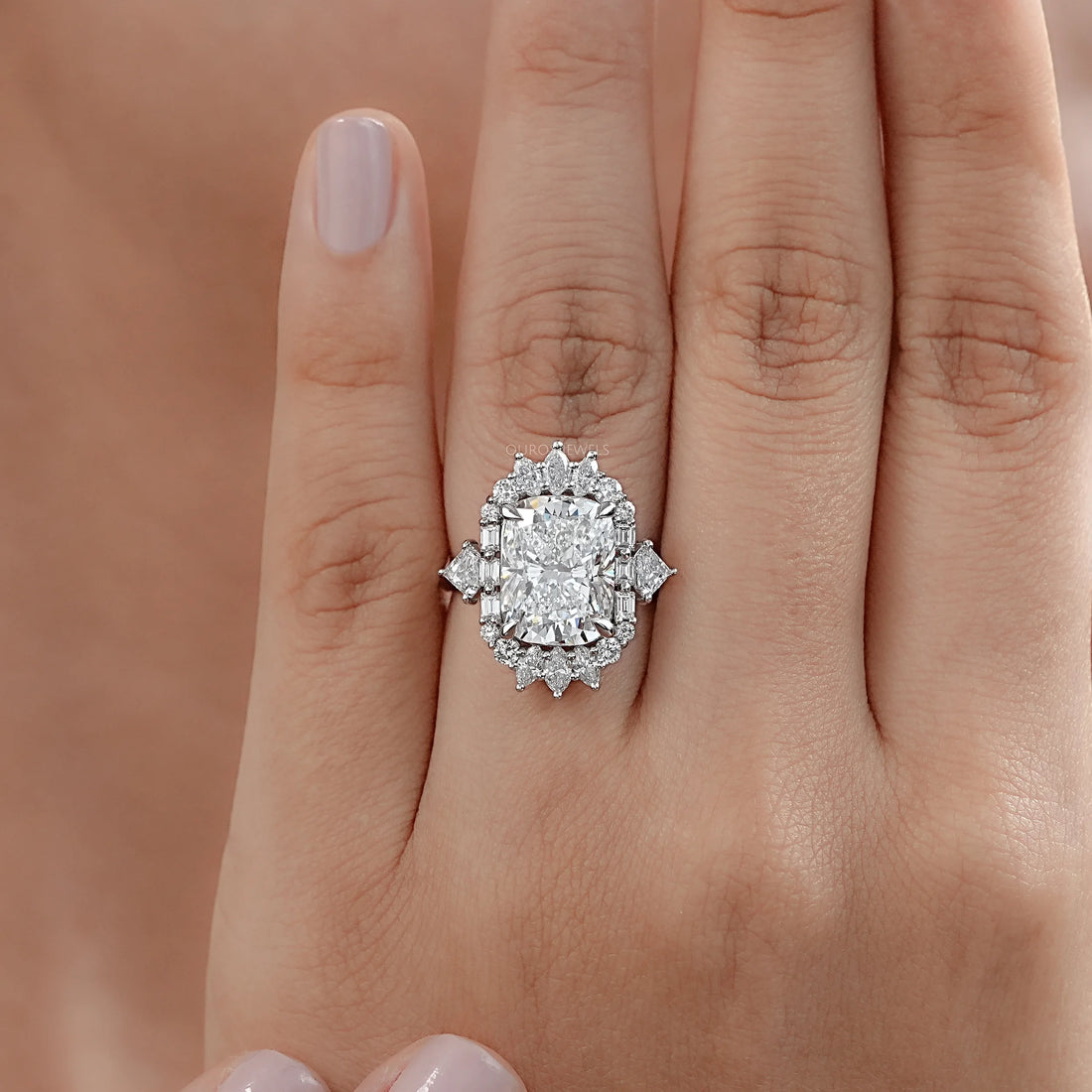 Elongated Cushion Halo Diamond With Baguette & Round Engagement Ring Rings