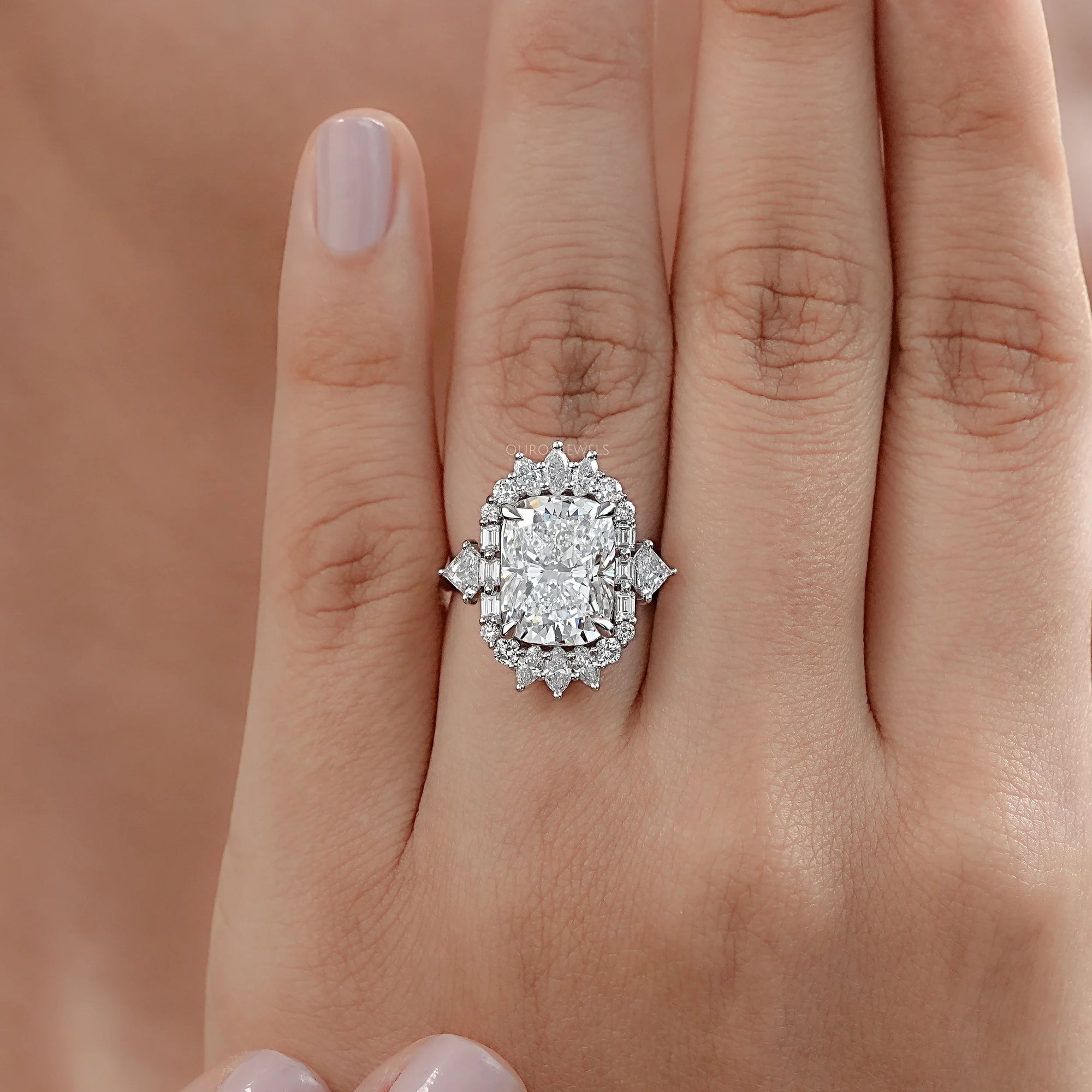 Elongated Cushion Halo Diamond With Baguette & Round Engagement Ring Rings