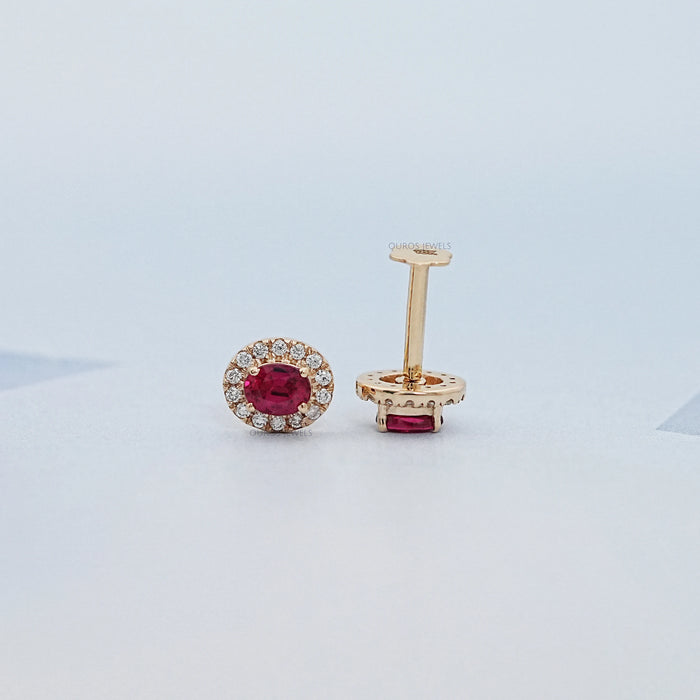 Ruby Oval Gemstone Halo Set Stud Earring Earring