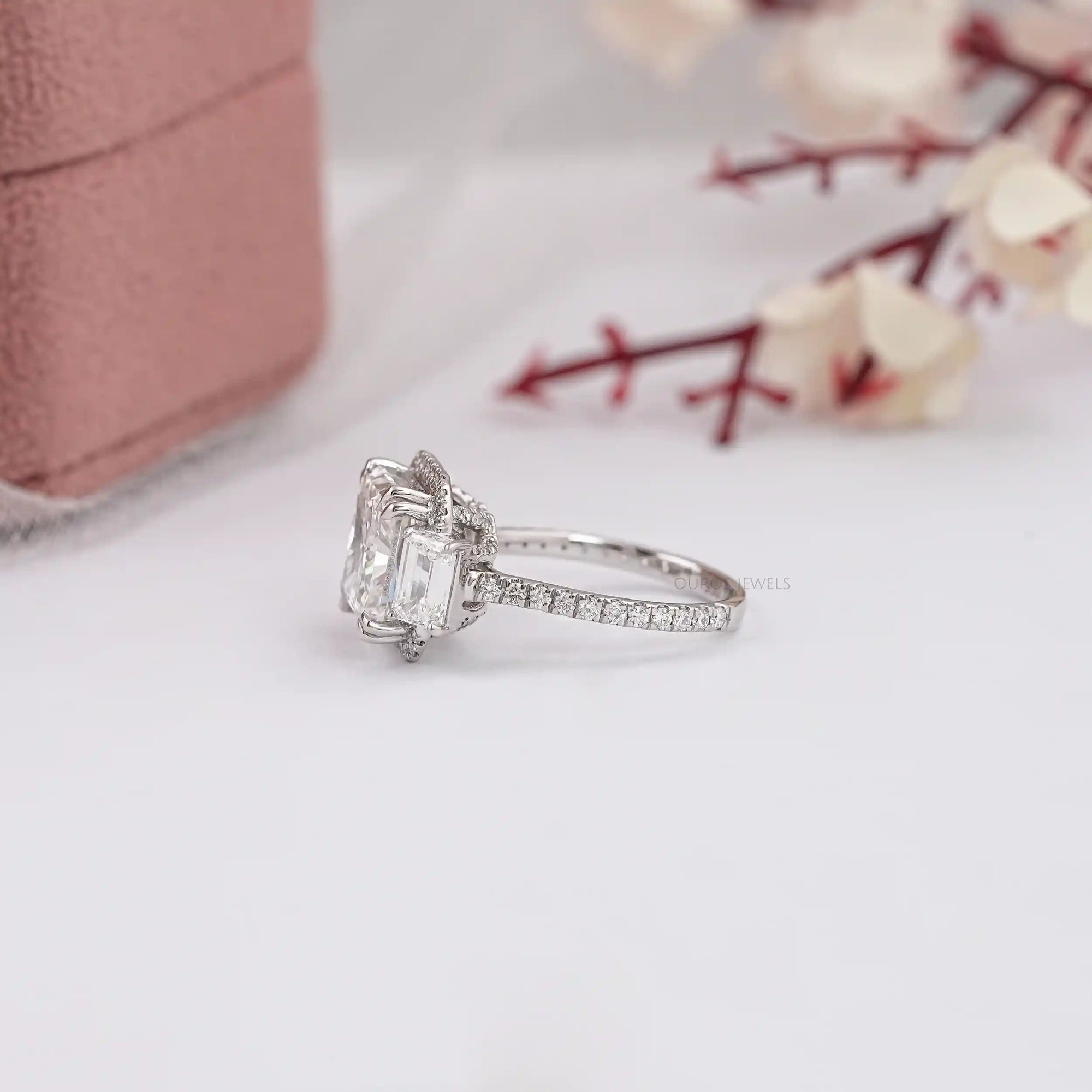 Square Radiant Cut Three Stone Halo With Accent Ring Rings
