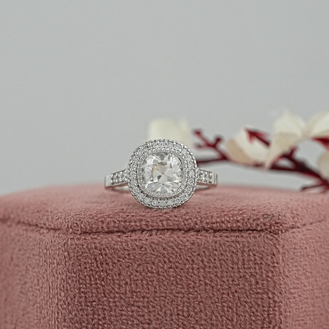 Old Mine Cushion Lab Diamond Halo Engagement Ring Rings