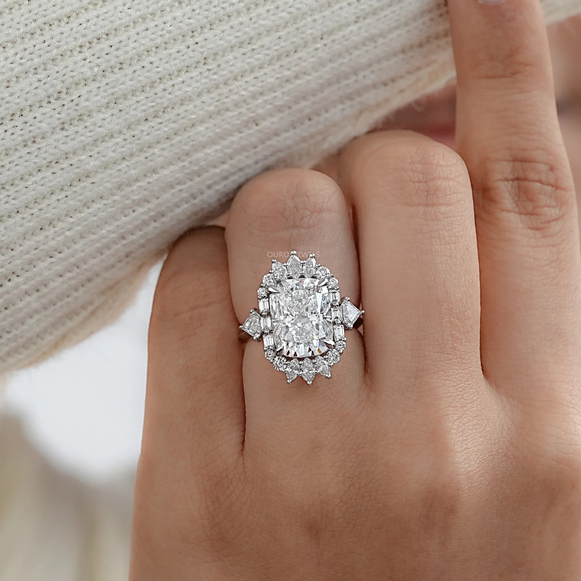 Elongated Cushion Halo Diamond With Baguette & Round Engagement Ring Rings