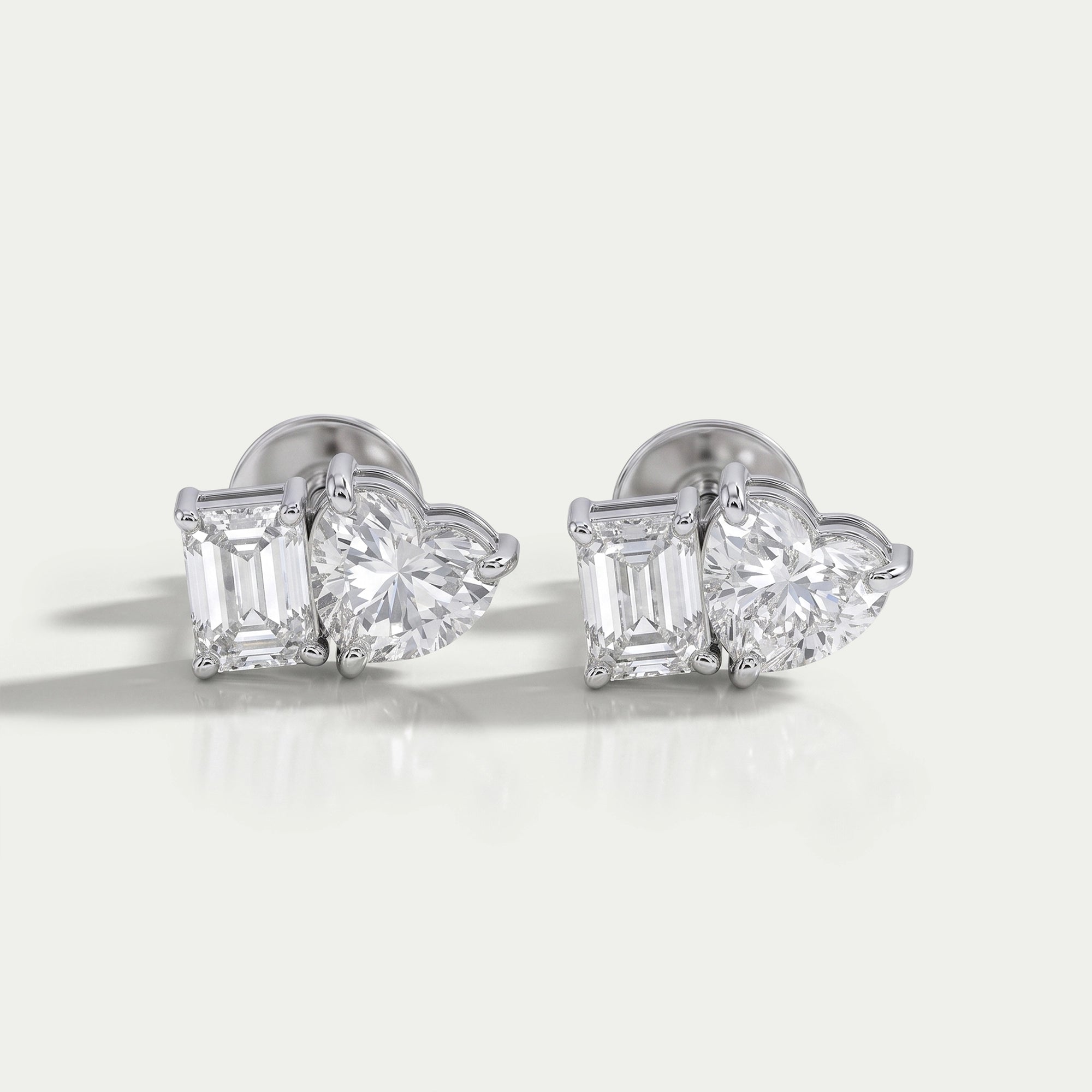 Heart And Emerald Diamond Minimal Two Stone Studs Earrings