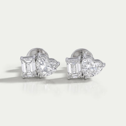 Heart And Emerald Diamond Minimal Two Stone Studs Earrings
