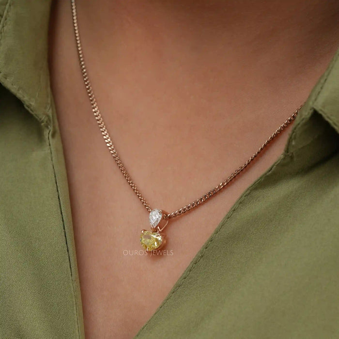 [A Women wearing Yellow Heart Cut Diamond and Pear Cut Pendant]-[Ouros Jewels]