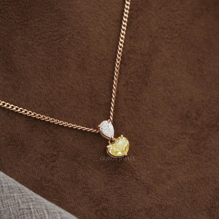 [Side View of Yellow Heart Diamond and Pear Cut Pendant]-[Ouros Jewels]