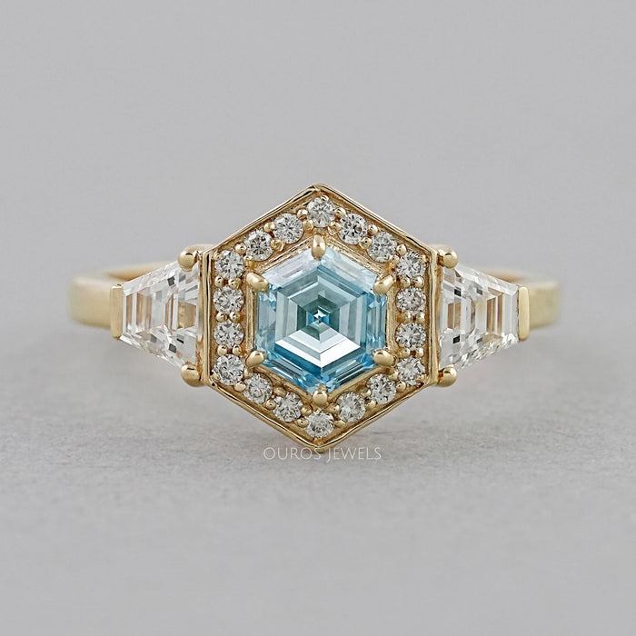 3 Stone Blue Hexagon Cut Halo Diamond Engagement Ring Ring