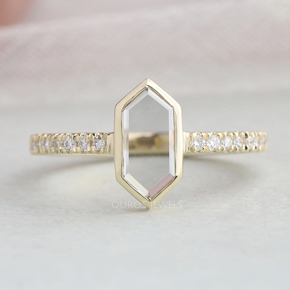 Hexagon Long Portrait Cut Diamond Solitaire Accent Ring