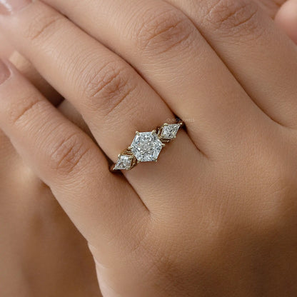 Three Stone Hexagon Cut Diamond Engagement Ring