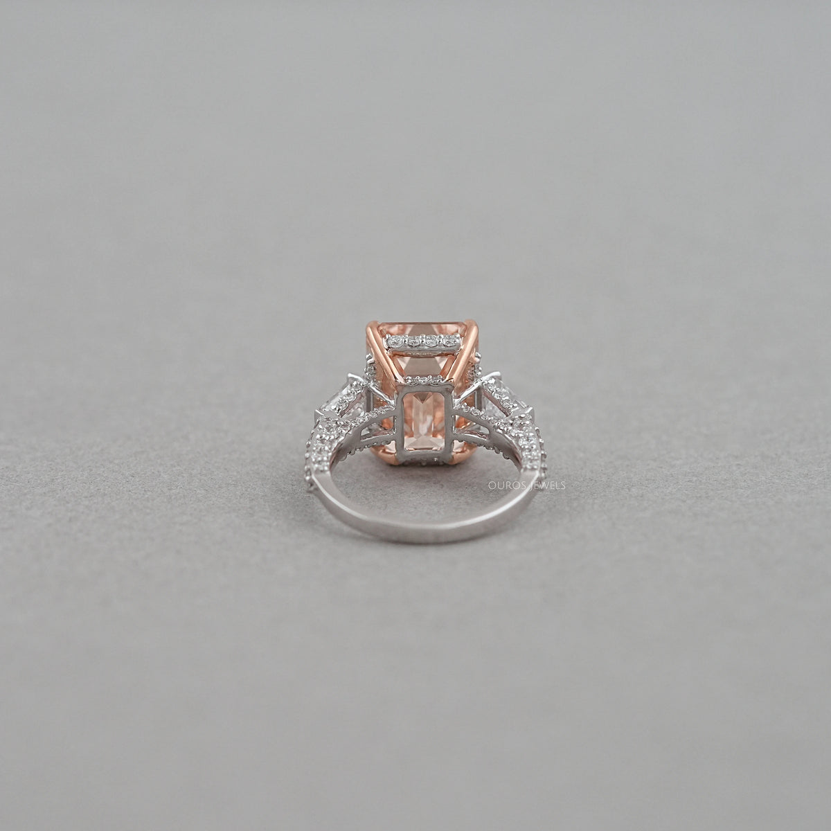 Pink Emerald Lab Diamond Three Stone Hidden Halo Ring Rings