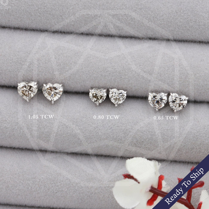 Olive Heart Diamond Stud Earrings 14K White Gold