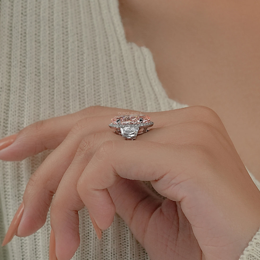 Intense Pink Oval Three Stone Engagement Ring Ring