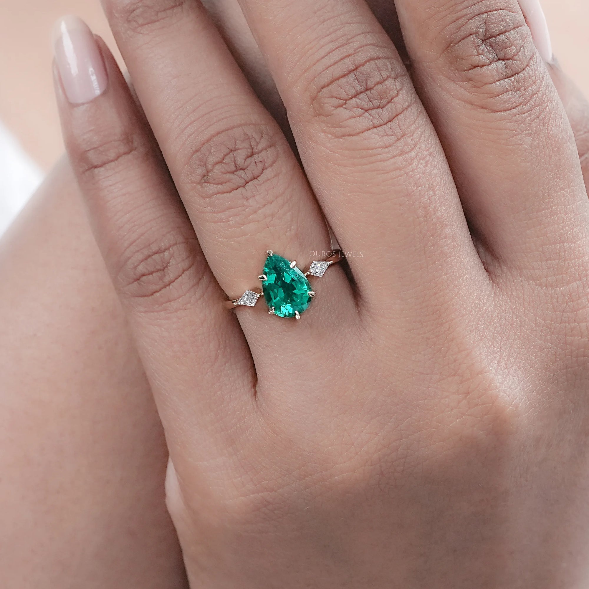 Green Pear And Kite Cut Three Stone Engagement Ring